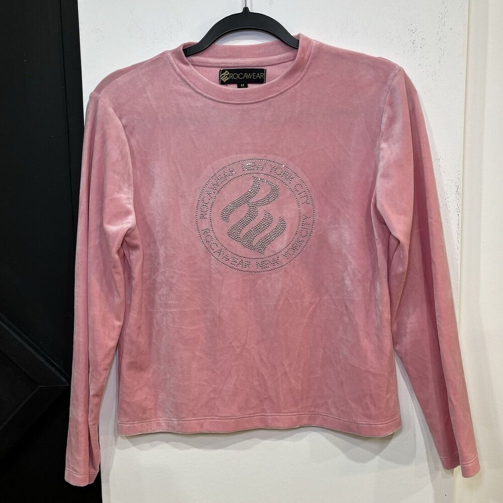 Y2K Rocawear Pink Velour Rhinestone Longsleeve Shirt Top Size Medium